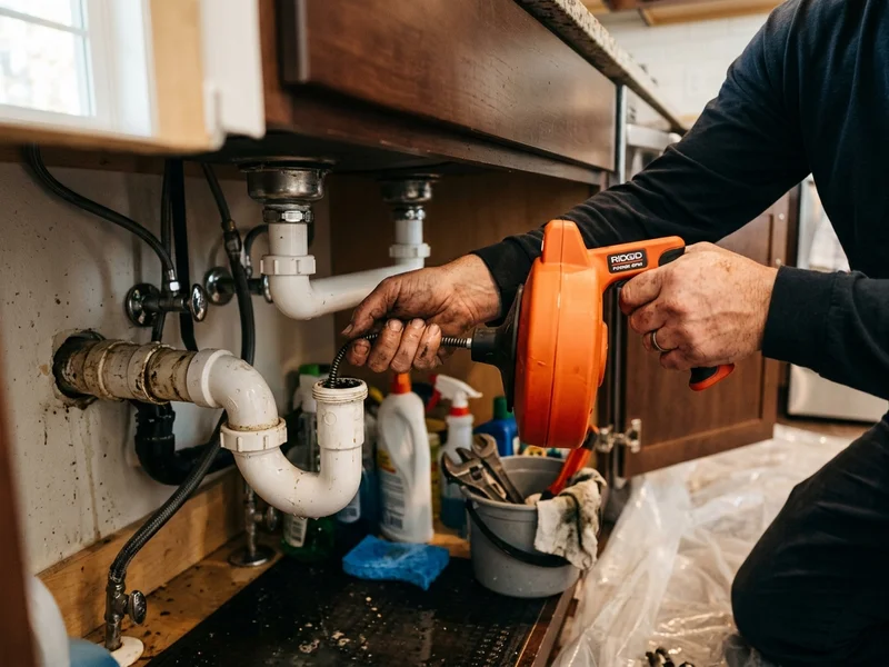 Drain cleaning equipment being used beneath a residential kitchen sink